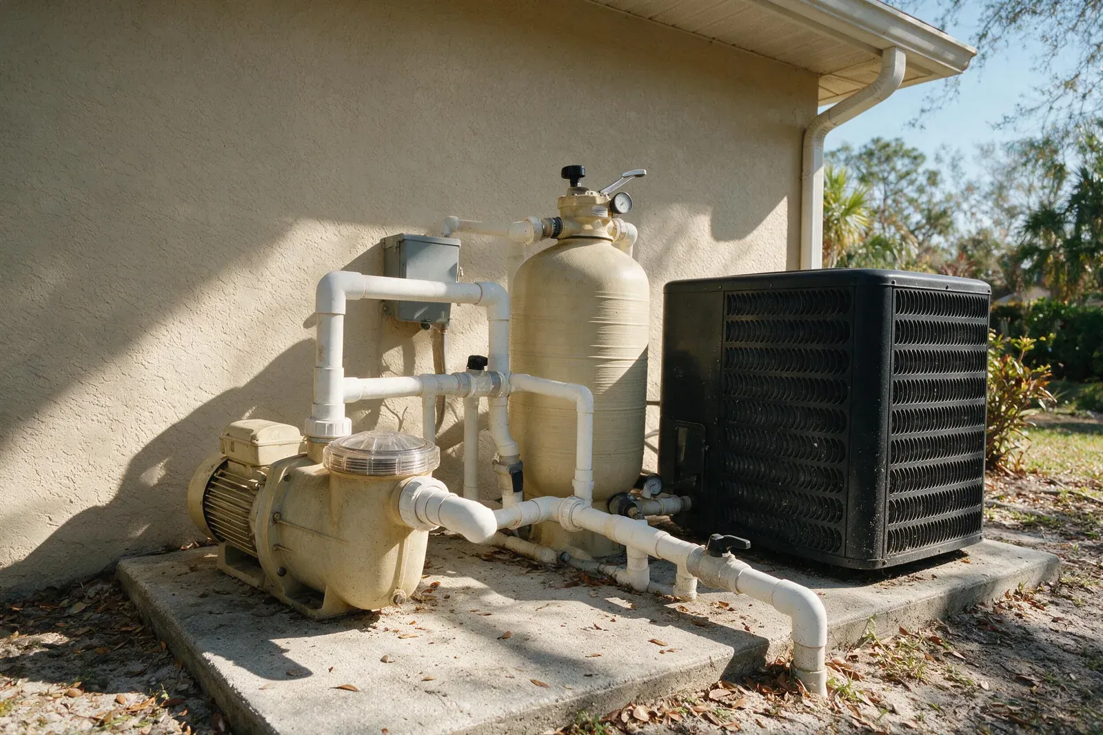 Pump, filter, and heat pump on a Cape Coral equipment pad