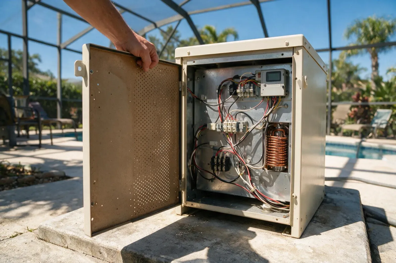 Technician opening a pool heater control panel to inspect the wiring