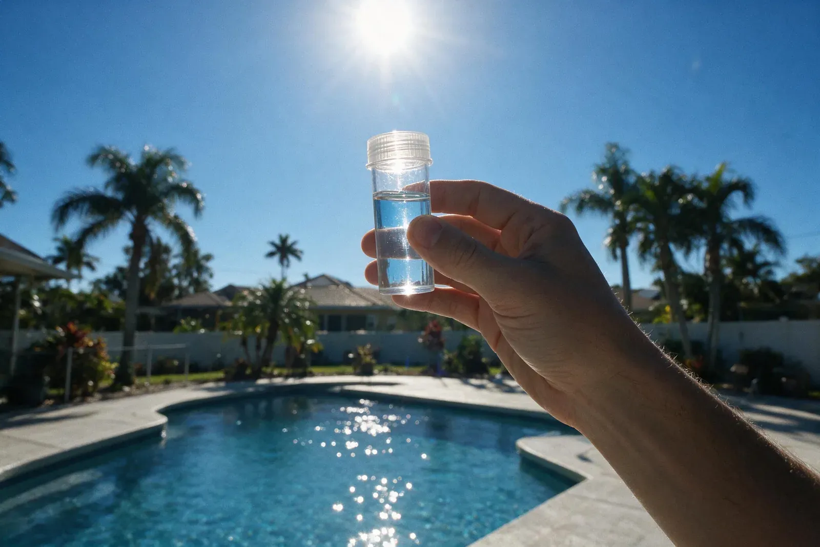 Pool water sample in a test vial held beside the pool