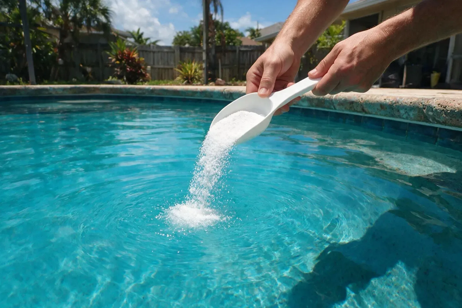 Technician pouring pool chemicals into the water