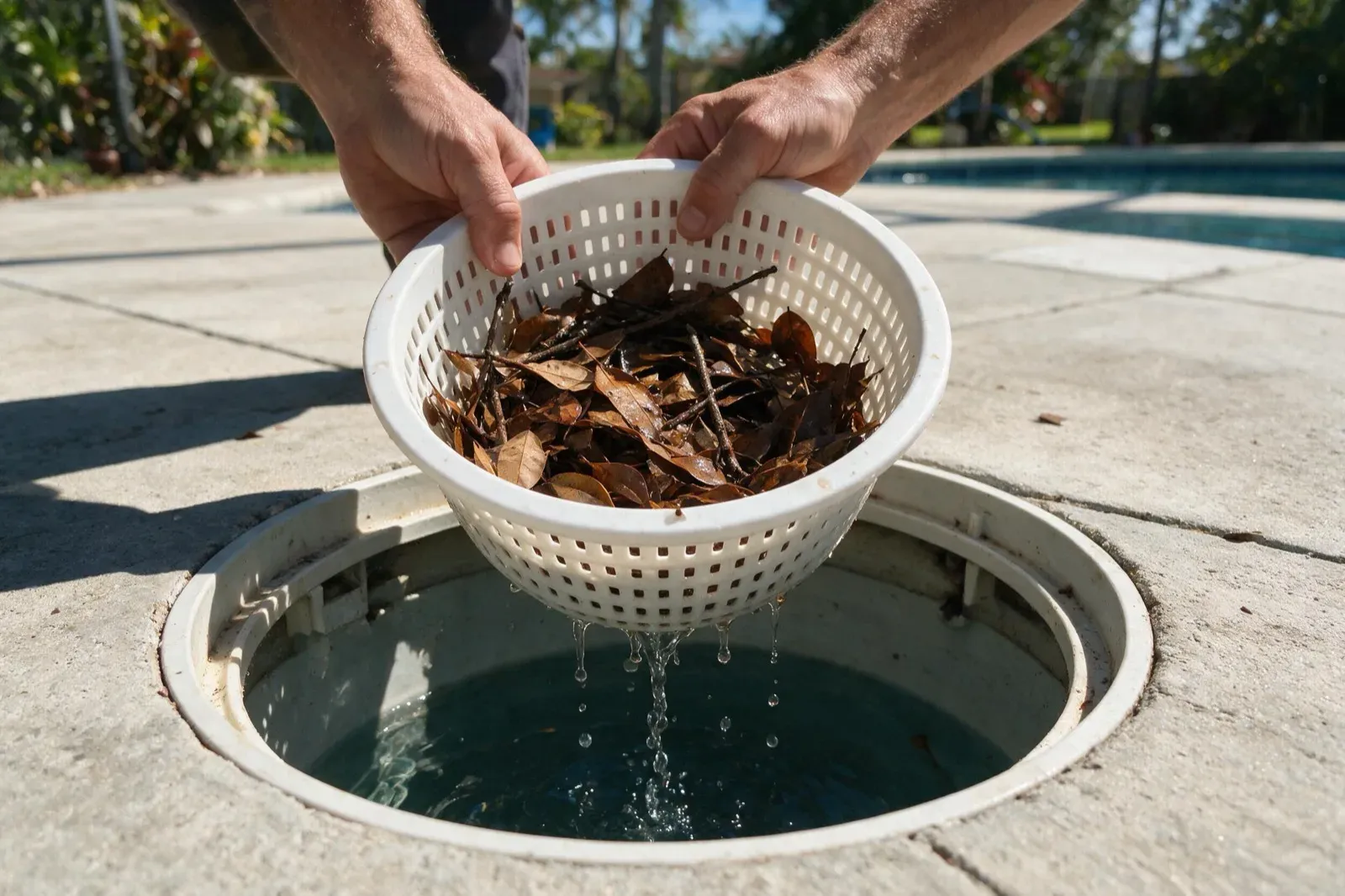 Technician lifting a leaf-filled skimmer basket out of the deck skimmer