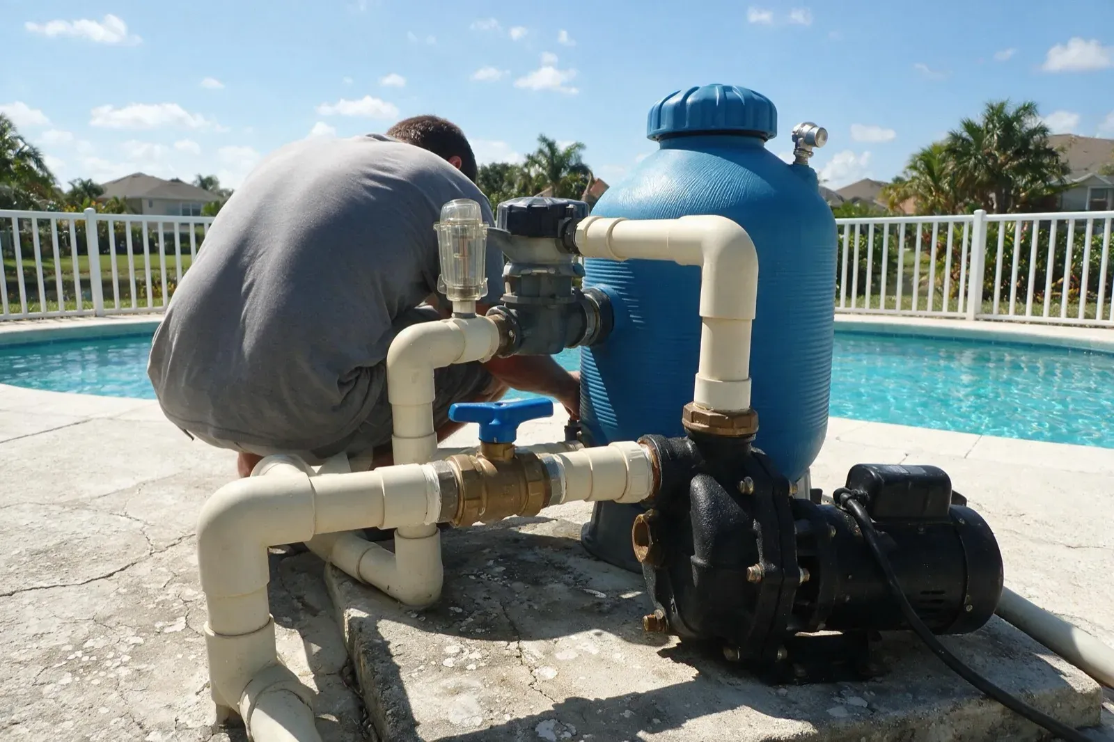 Technician testing equipment after a Cape Coral install