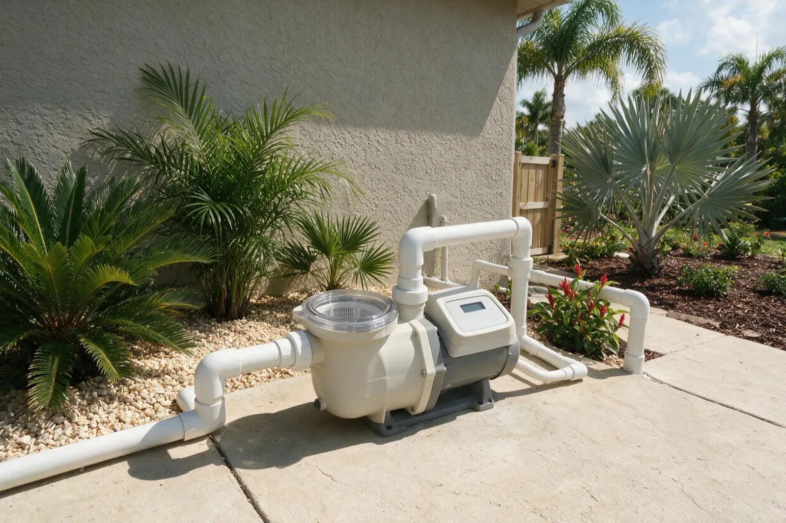 Variable-speed pump on a Naples pool equipment pad