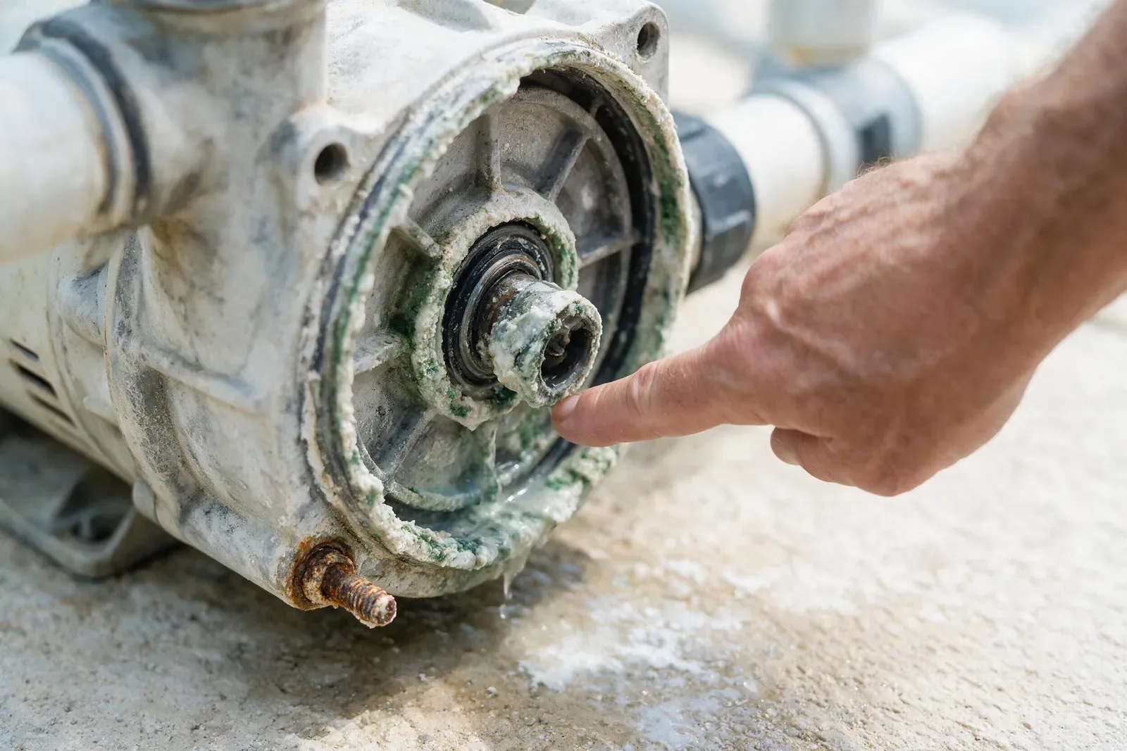 Calcium buildup and wear on a Naples pool pump